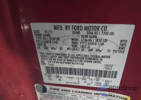 2011 Ford F-150 Fx4 из США, поврежденный, VIN 1FTFW1EF6BFA74132